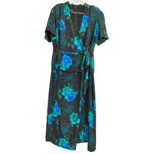 Spenser Jeremy Black & Blue Floral Wrap Dress 16 100% Silk Classic Formal Church